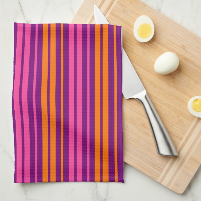 Linge De Cuisine Design à rayures verticales rose orange violet   (Quart Plié)