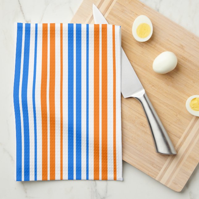 Linge De Cuisine Design bandes verticales orange bleu blanc   (Quart Plié)