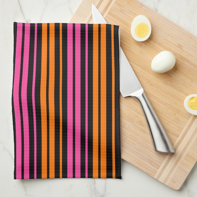 Linge De Cuisine Design bandes verticales orange rose noir   (Quart Plié)