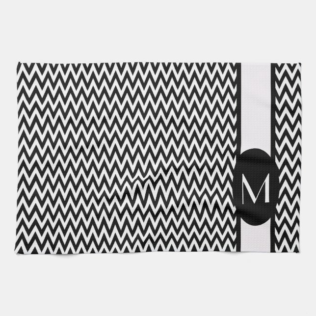 Linge De Cuisine Design Chevron élégant noir avec monogramme (Horizontal)