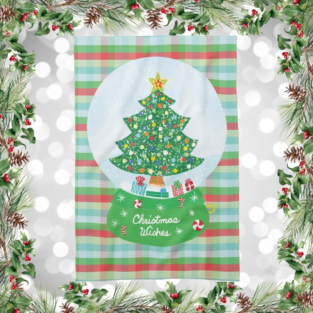 Linge De Cuisine Design du Globe de neige Festif de Noël (Christmas Wishes Tree and Presents Snow Globe Kitchen Towel)