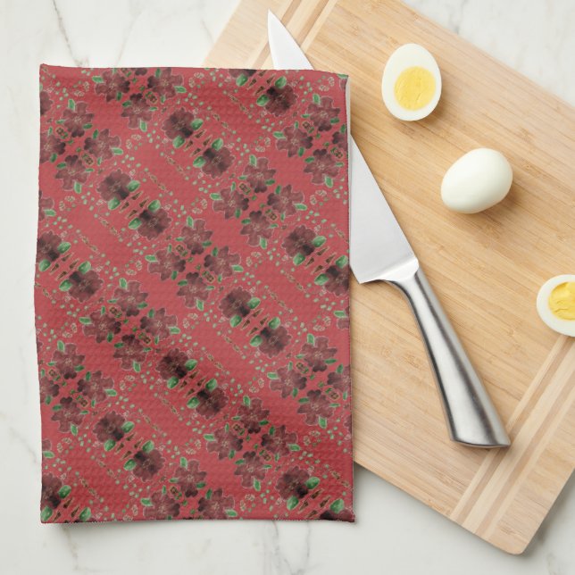 Linge De Cuisine Design élégant à motifs avec bordeaux (Quart Plié)