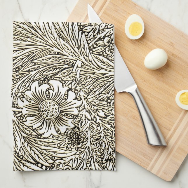 Linge De Cuisine Design floral complexe en Brown et blanc (Quart Plié)
