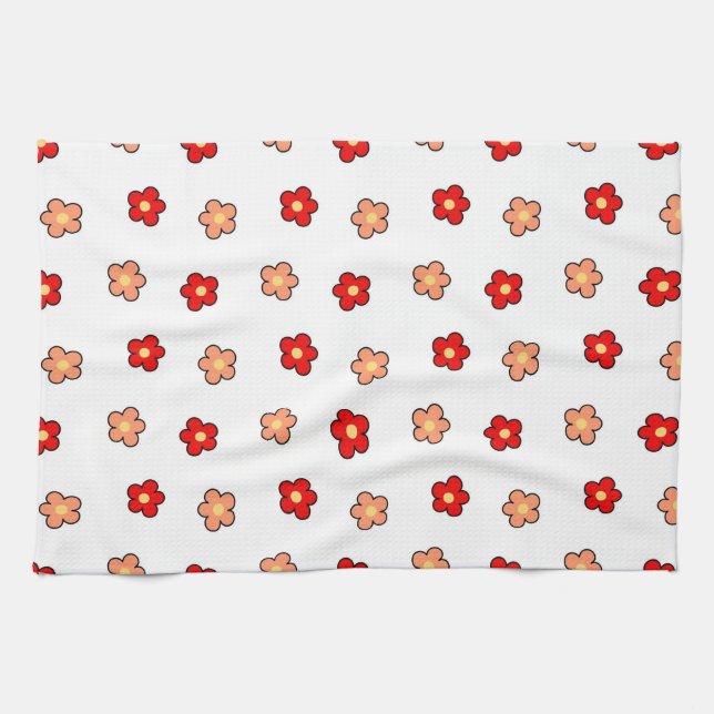 Linge De Cuisine Design floral rétro à fleurs blanches et rouges Wh (Horizontal)