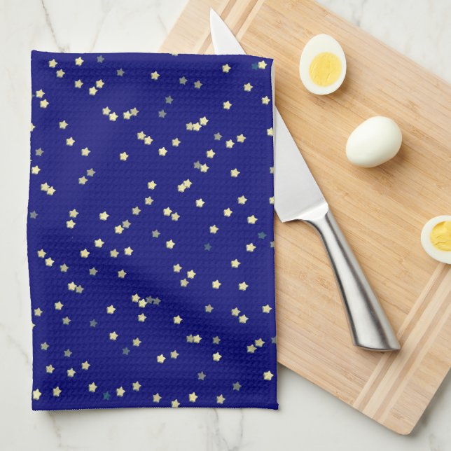 Linge De Cuisine Design Gold Star sur Blue (Quart Plié)