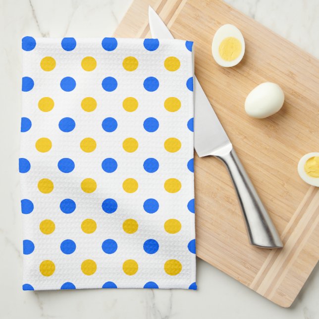 Linge De Cuisine Dessin à points blancs bleus jaunes  (Quart Plié)