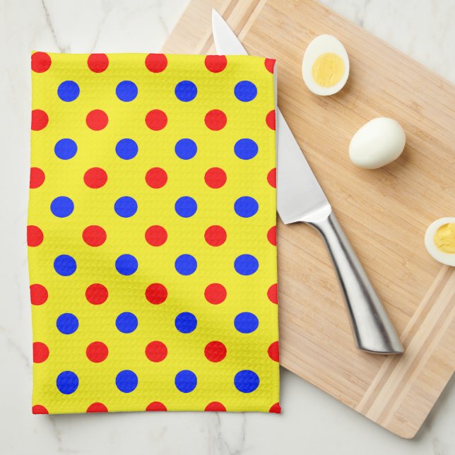 Linge De Cuisine Dessin à points jaunes rouges et bleus  (Quart Plié)