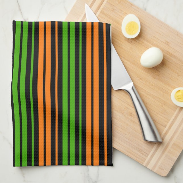 Linge De Cuisine Dessin à rayures verticales orange vert noir   (Quart Plié)