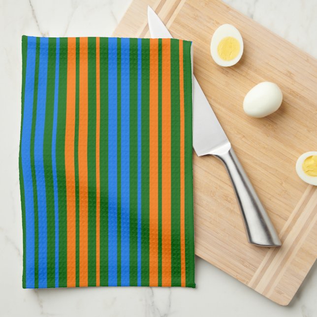 Linge De Cuisine Dessin à rayures verticales vert orange bleu   (Quart Plié)