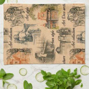 Linge De Cuisine Dessin au crayon de la ville pour les femmes vinta