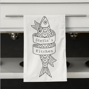 Linge De Cuisine Dessin de ligne de sardine personnalisé