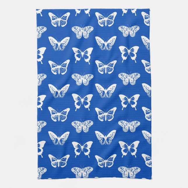 Linge De Cuisine Dessin de papillon, bleu cobalt et blanc (Vertical)