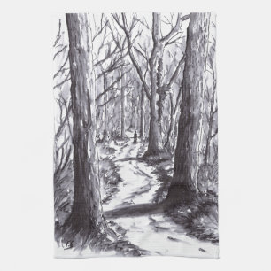Linge De Cuisine dessin de paysage d'encre de chemin forestier