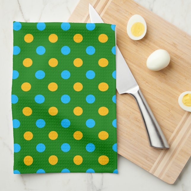 Linge De Cuisine Dessin de pois noir jaune vert  (Quart Plié)