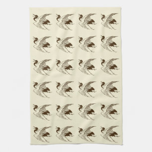 Linge De Cuisine Dessin japonais vintage d'une grue, Brown