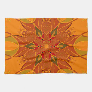 Linge De Cuisine Dessin Mandala Fleur orange et rouge