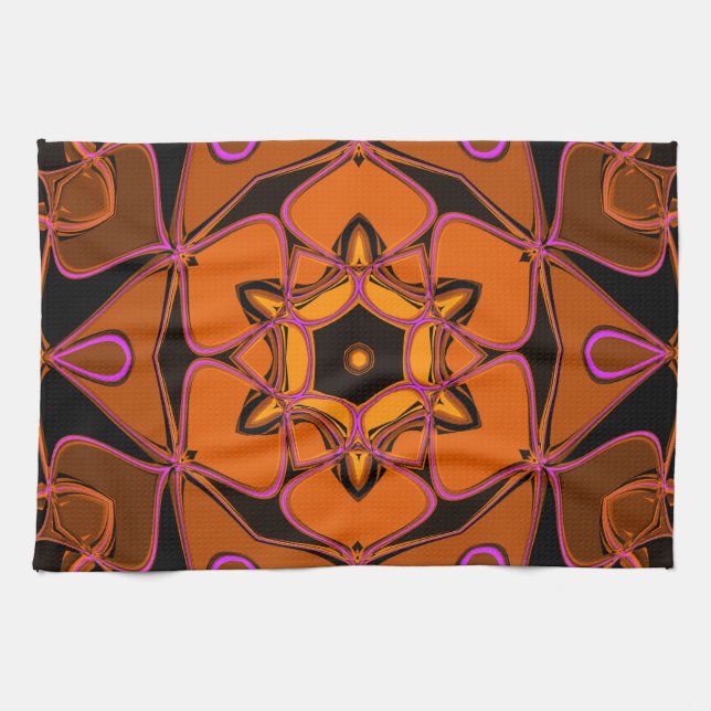 Linge De Cuisine Dessin Mandala Fleur orange rose et noir (Horizontal)