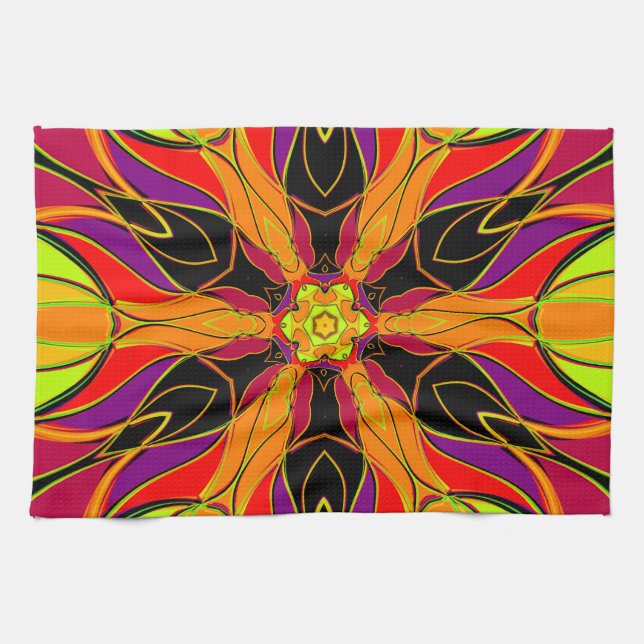 Linge De Cuisine Dessin Mandala Fleur orange violet et rouge (Horizontal)