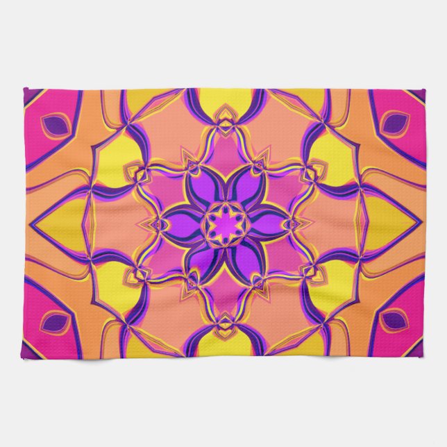 Linge De Cuisine Dessin Mandala Flower rose violet et orange (Horizontal)