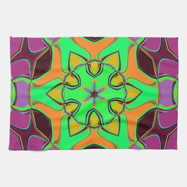 Linge De Cuisine Dessin Mandala Flower vert orange et violet (Horizontal)
