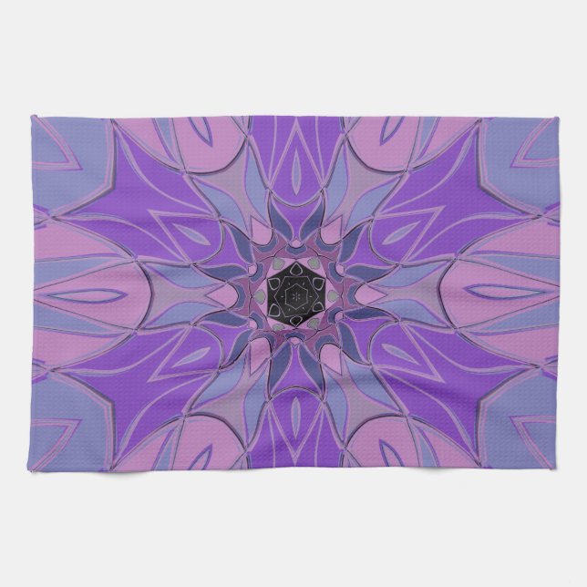 Linge De Cuisine Dessin Mandala Flower violet rose et bleu (Horizontal)