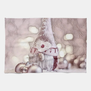 Linge De Cuisine Dessin vintage d'un Gnome rose sur la neige
