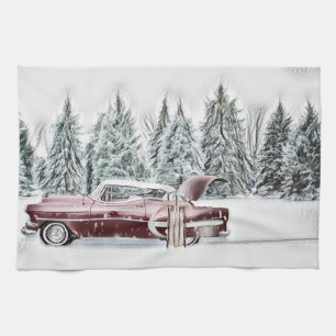 Linge De Cuisine Dessin vintage d'une voiture rouge et des arbres d