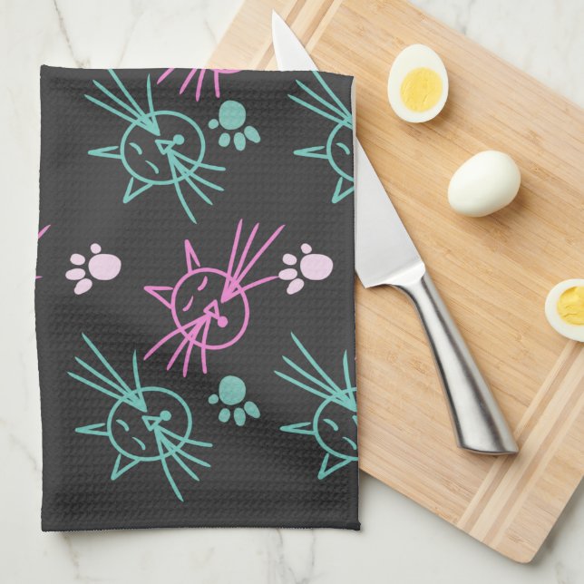 Linge De Cuisine Dessins Mignons de Chat Rose Sarcelle Animal Noir  (Quart Plié)