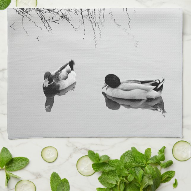 Linge De Cuisine Deux Canards en noir et blanc (Plié)