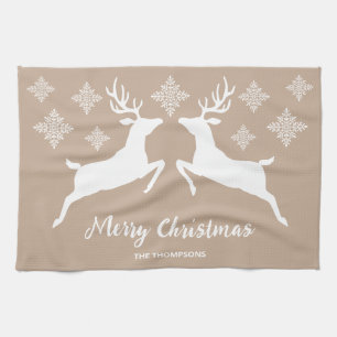 Linge De Cuisine Deux cerfs blancs sur beige avec flocons de neige