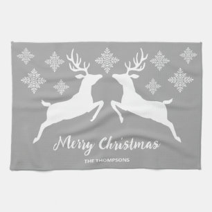 Linge De Cuisine Deux cerfs blancs sur fond gris avec flocons de ne