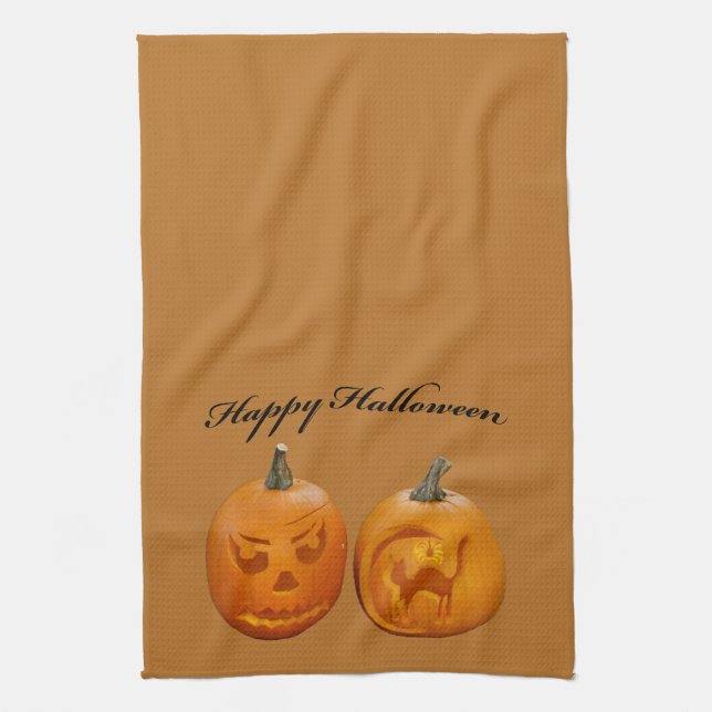 Linge De Cuisine Deux Citrouilles heureux Halloween (Vertical)