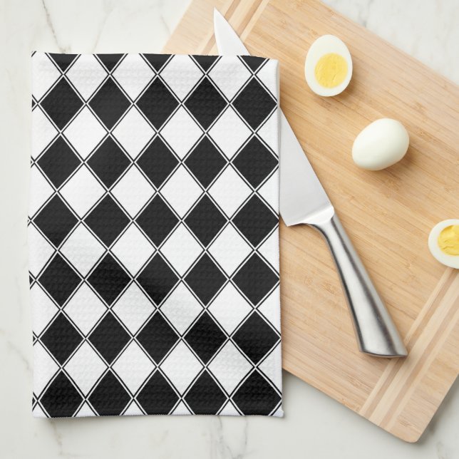 Linge De Cuisine Diamant Noir et Blanc Motif Argyle (Quart Plié)