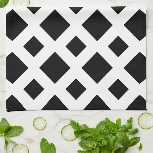 Linge De Cuisine Diamants noirs sur fond blanc (Plié)