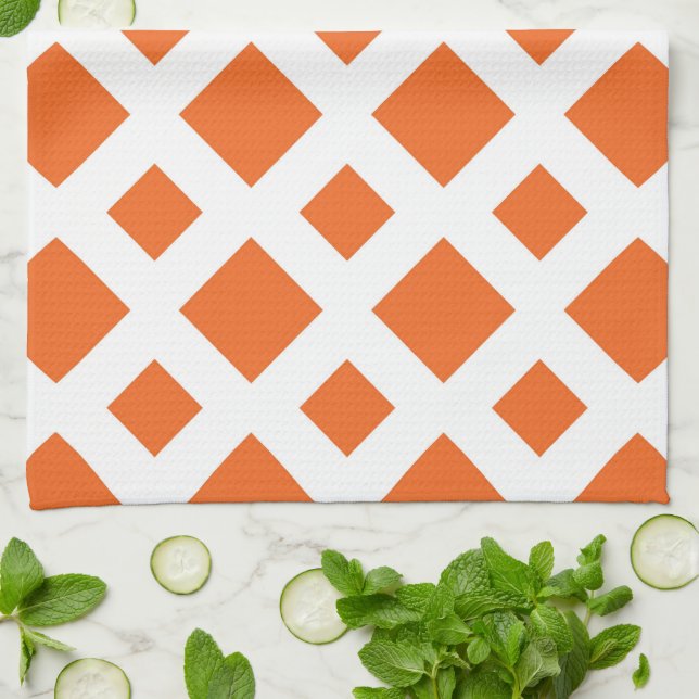 Linge De Cuisine Diamants orange sur fond blanc (Plié)