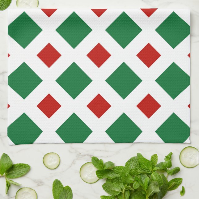 Linge De Cuisine Diamants verts et rouges sur blanc (Plié)