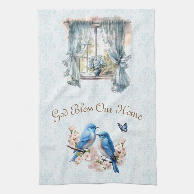 Linge De Cuisine Dieu bénisse notre maison Bluebird Floral Damask (Vertical)