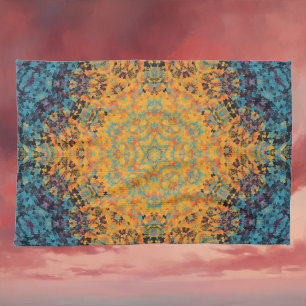 Linge De Cuisine Digital Mandala jaune bleu et rouge