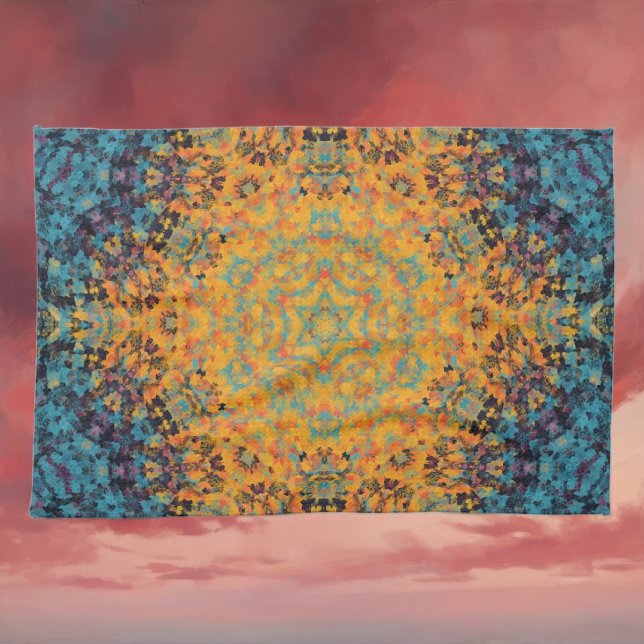 Linge De Cuisine Digital Mandala jaune bleu et rouge (Yellow Blue and Red Digital Mandala Kitchen Towel by Wormhole Orbital)