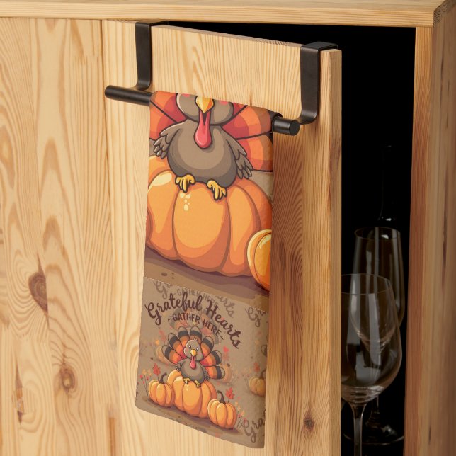 Linge De Cuisine Dinde de Thanksgiving à cœurs reconnaissants (Pliage en tiers)