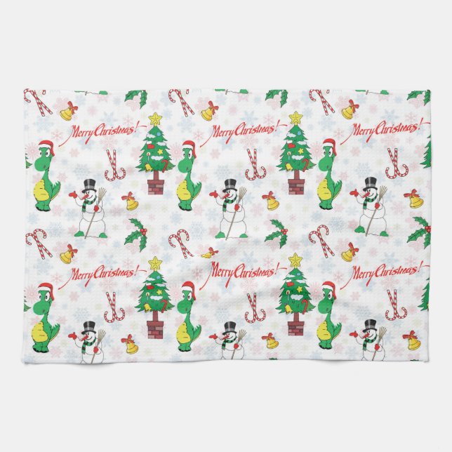 Linge De Cuisine dinosaure de Noël et bonhomme de neige (Horizontal)