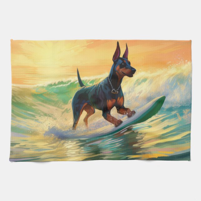 Linge De Cuisine Doberman Beach Surf Peinture (Horizontal)