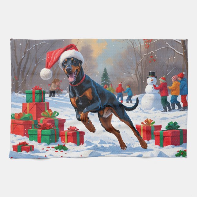 Linge De Cuisine Doberman courant dans la neige avec un chapeau de  (Horizontal)