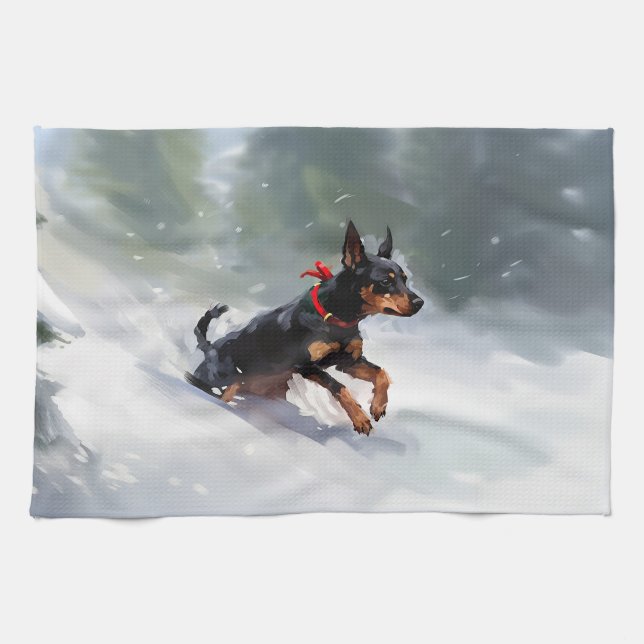 Linge De Cuisine Doberman Pinscher neige de Noël hiver (Horizontal)