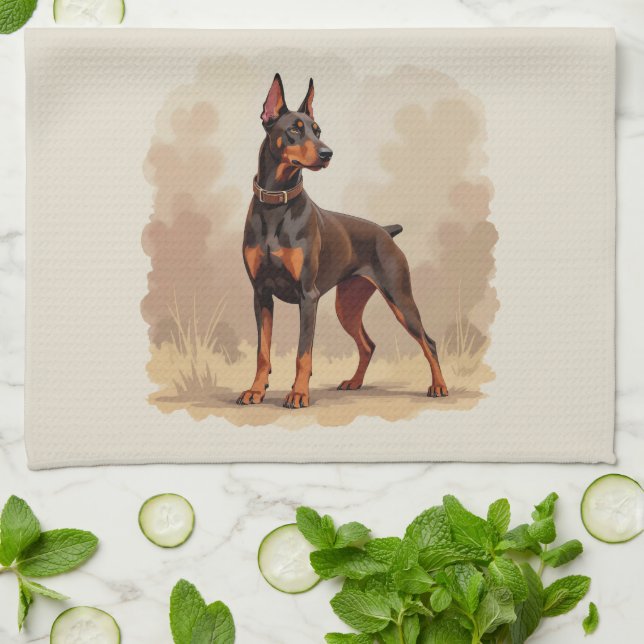 Linge De Cuisine Dobermann Pinscher Chien Marron Rouille Rouge (Plié)