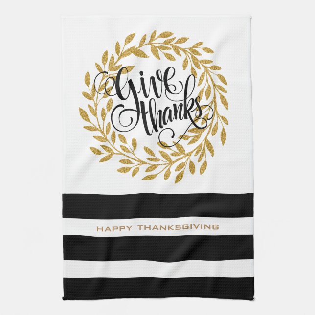 Linge De Cuisine Donnez Merci Texte Moderne Gold Wreath & Stripes (Vertical)