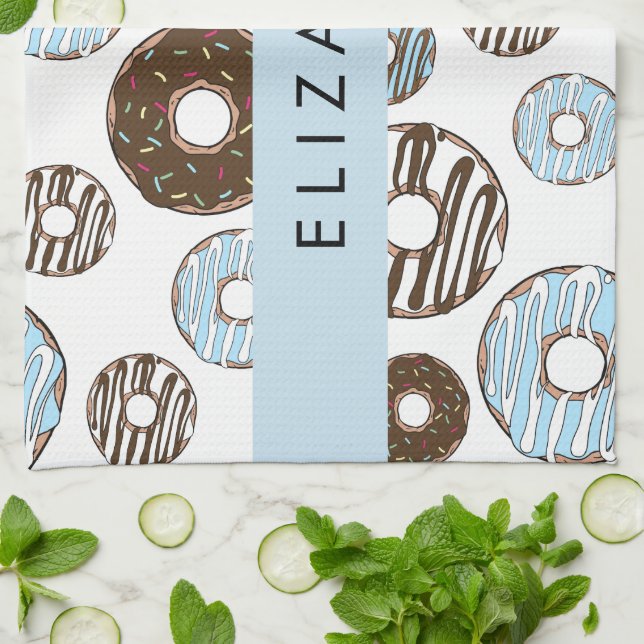 Linge De Cuisine Donuts Bleus, Donuts Brown, Sprinkings, Votre Nom (Plié)