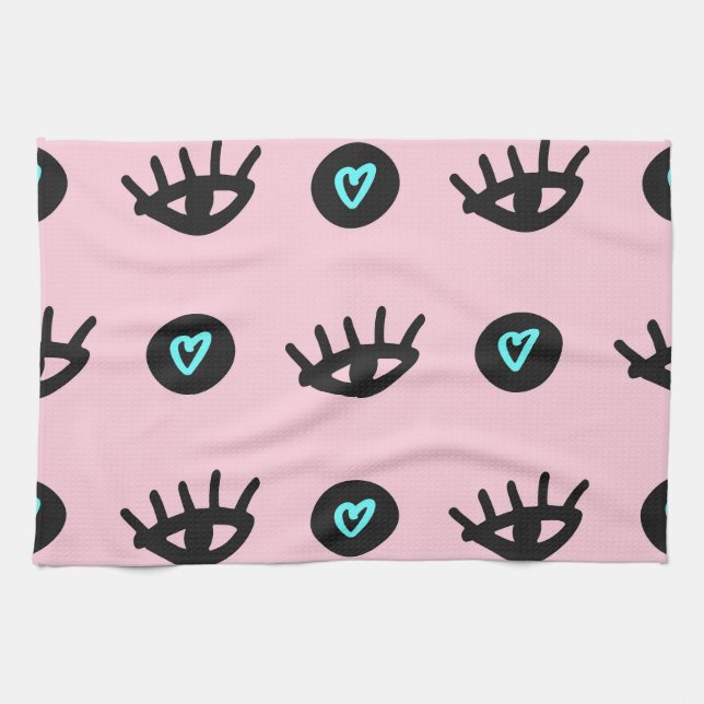 Linge De Cuisine Doodle Fille : Coeurs Des Yeux Sans Couleur. (Horizontal)