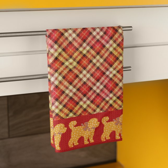 Linge De Cuisine Doodle plaid Chien jaune doré (Happy doodle pups on a plaid dish towel.)
