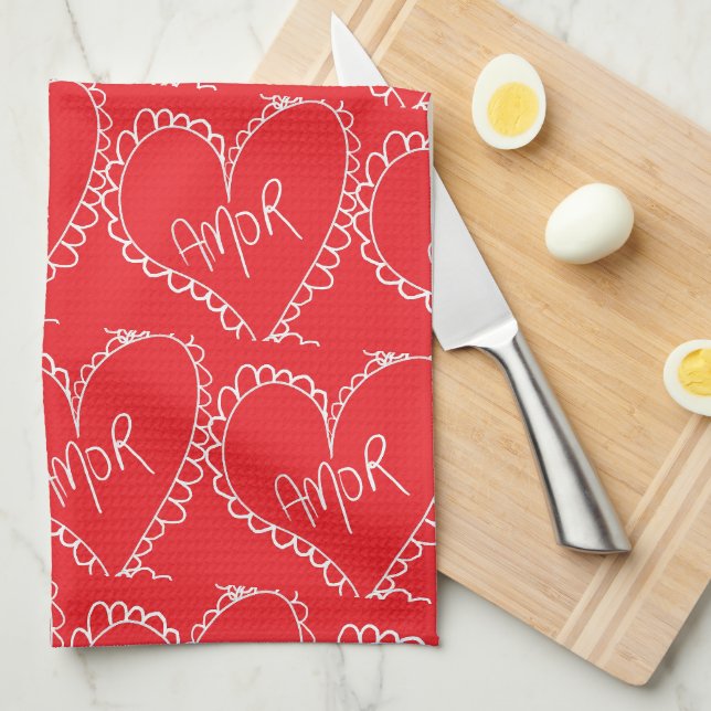 Linge De Cuisine Doodles Black Hearts Saint-Valentin Rouge (Quart Plié)